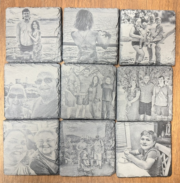 Set of custom slate coasters engraved with family photographs